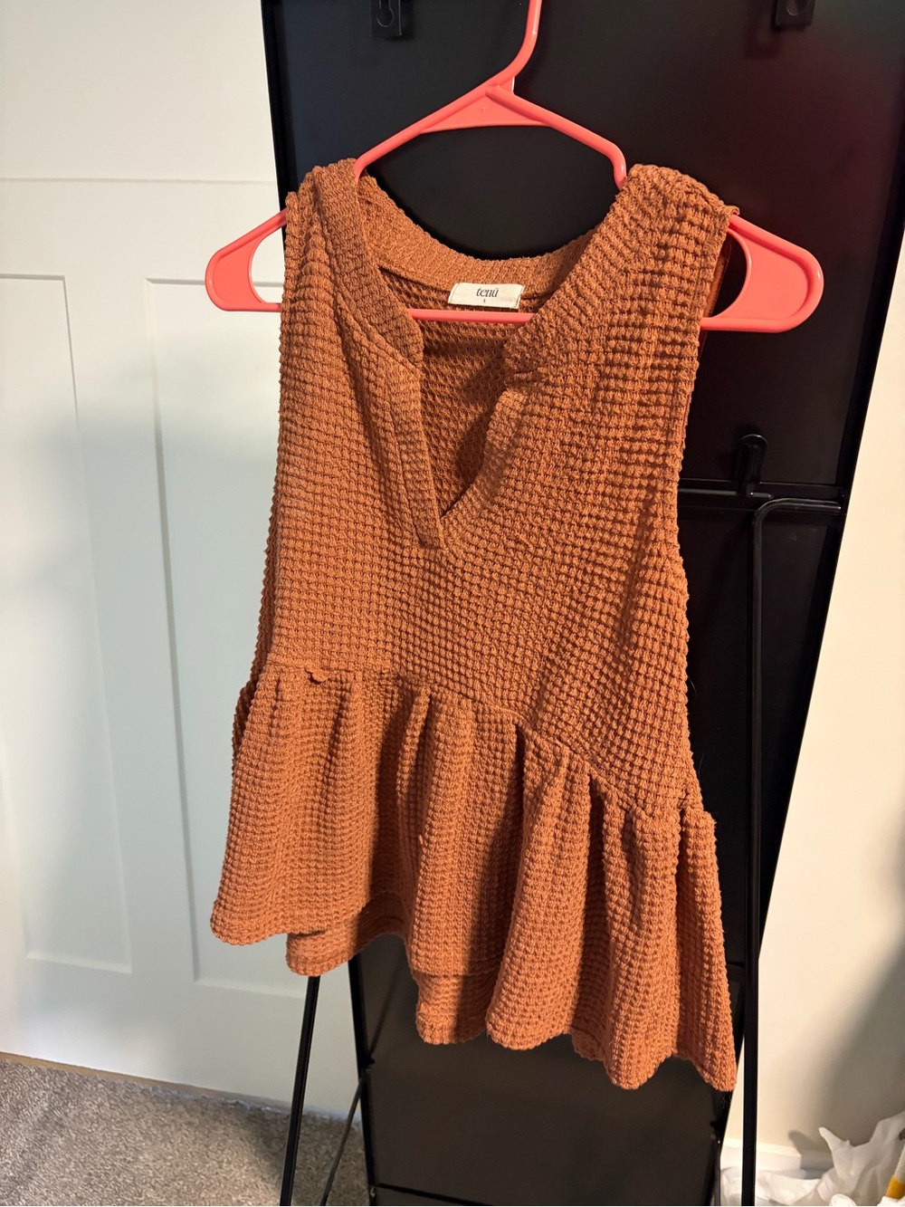 CeCe Waffle-Knit Peplum Tank in Rust